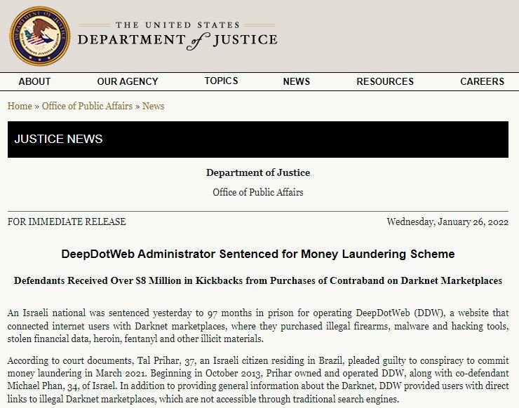 DeepDotWeb (DDW) dark web marketplace admin sentenced to 97 months in prison