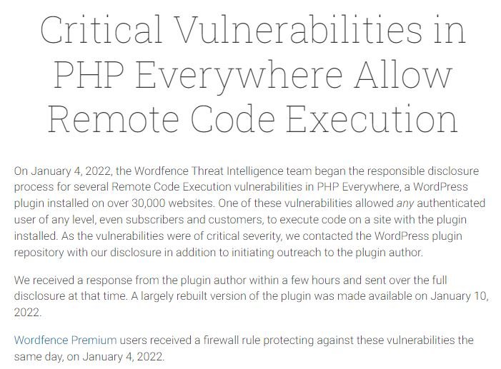 Critical remote code execution (RCE) vulnerabilities in PHP Everywhere plugin for WordPress, used by over 30,000 websites