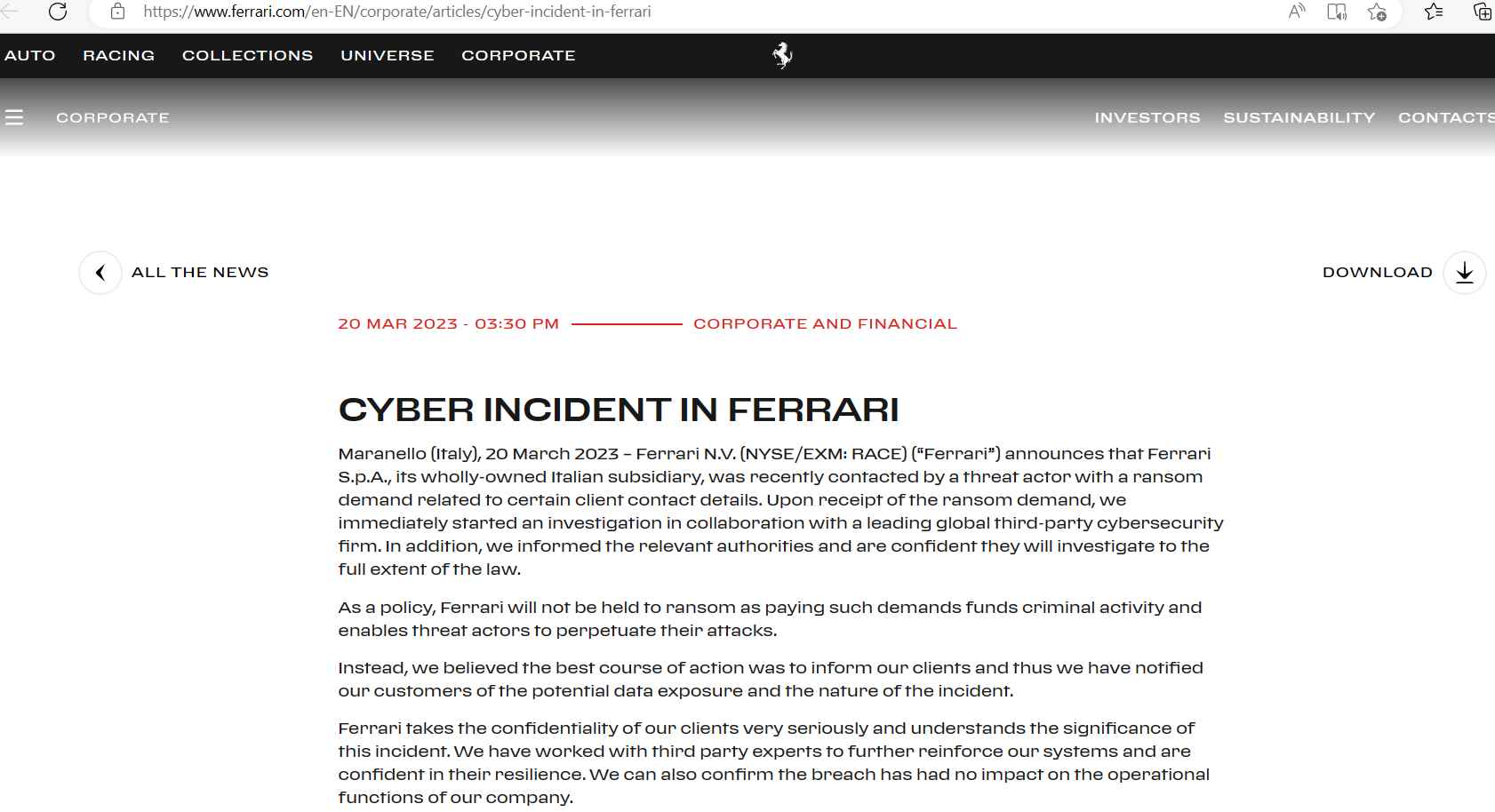 Hackers demanded  million from Ferrari for not leaking customers personal information